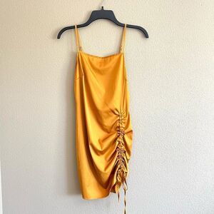 Guess Yellow Gold Satin Ruched Side Dress